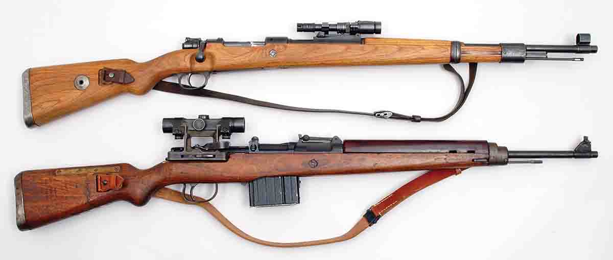 The two German sniper rifles which were deemed failures by the German Wehrmacht were the ZF41/K98k (top) and the ZF4/K43 (bottom).